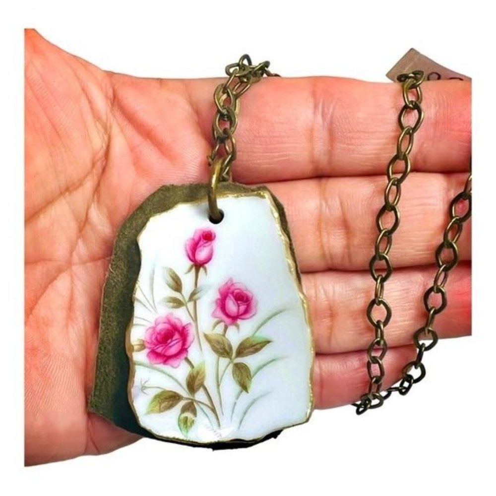 Artisan Broken China Leather Necklace Handcrafted W/ Floret China Teacup - Picture 3 of 13